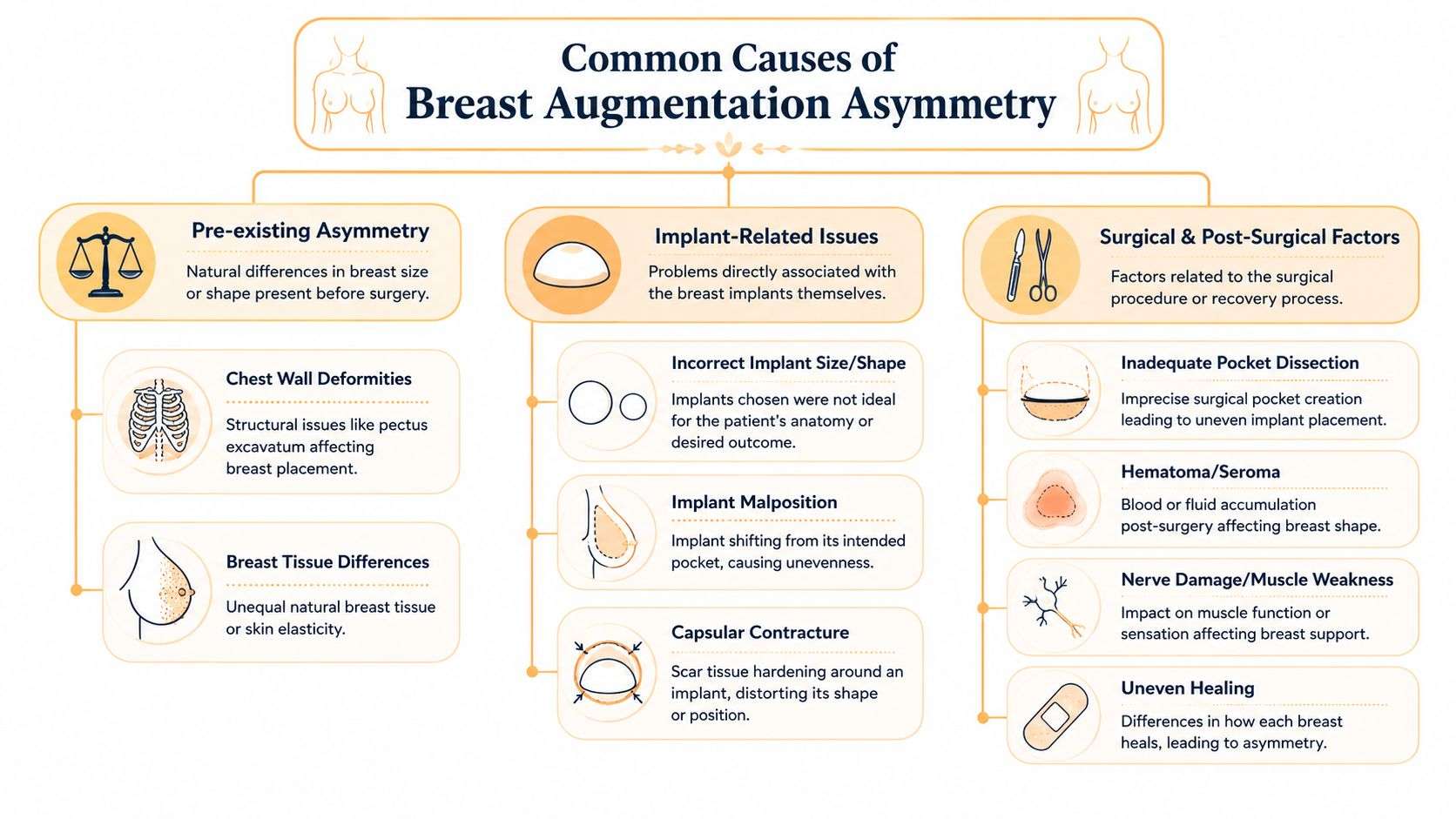 A diagram illustrating common causes of breast augmentation asymmetry including pre-existing, implant, and surgical factors.