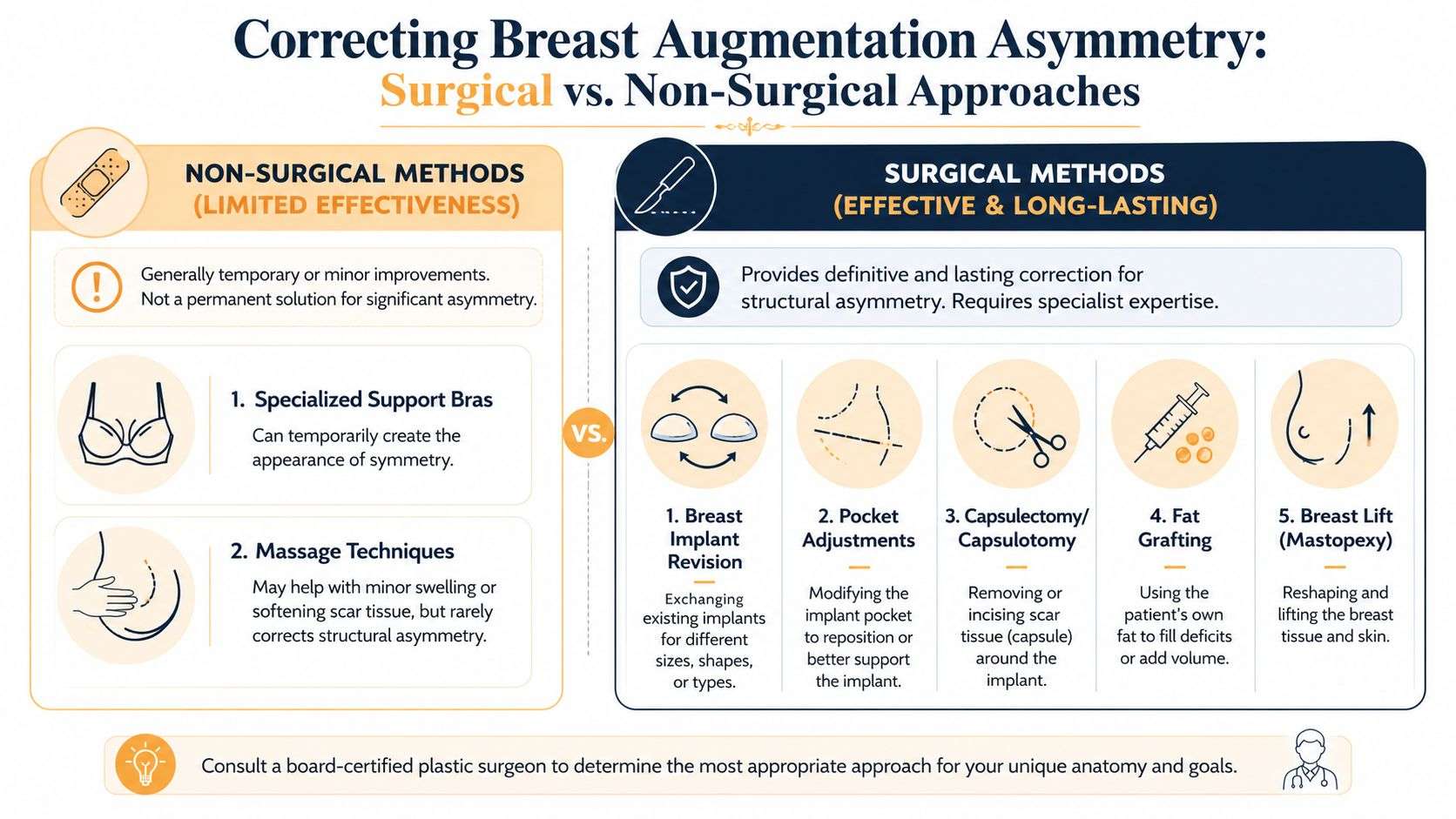 An infographic comparing surgical and non-surgical methods for correcting breast augmentation asymmetry in clinical settings.