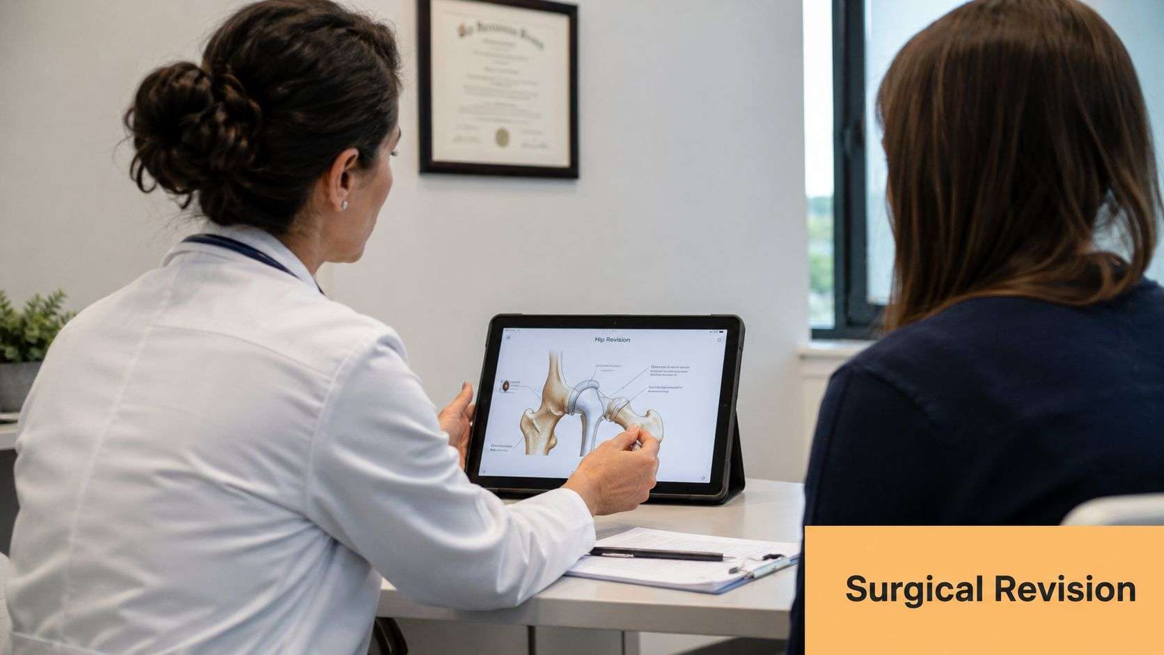 A doctor explaining a hip revision surgical procedure to a patient using a tablet in an office.