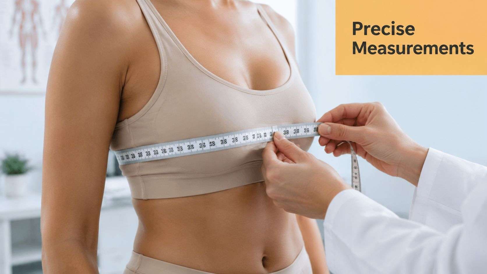 A medical professional measures a patient's chest circumference using a tape measure for a breast augmentation procedure.