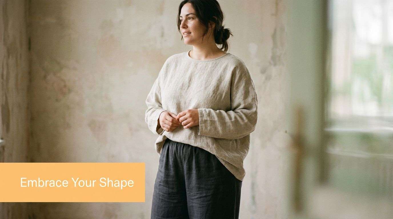 A woman wearing a loose beige linen top and dark pants, smiling confidently, in a natural setting.
