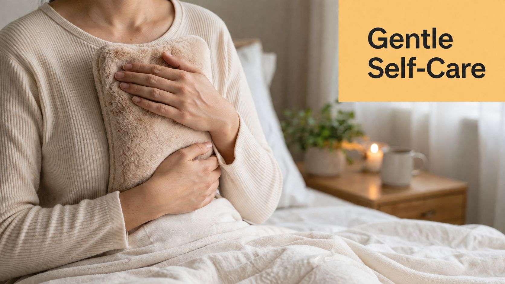 A person recovering from surgery, holding a plush, warm heating pad against their chest in bed.