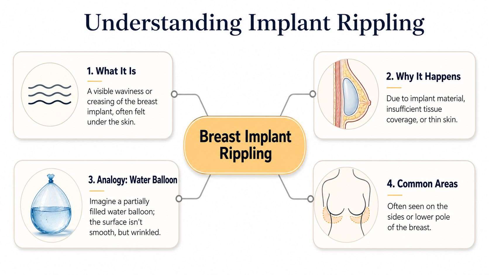 An infographic explaining breast implant rippling, its causes, a helpful water balloon analogy, and common locations.