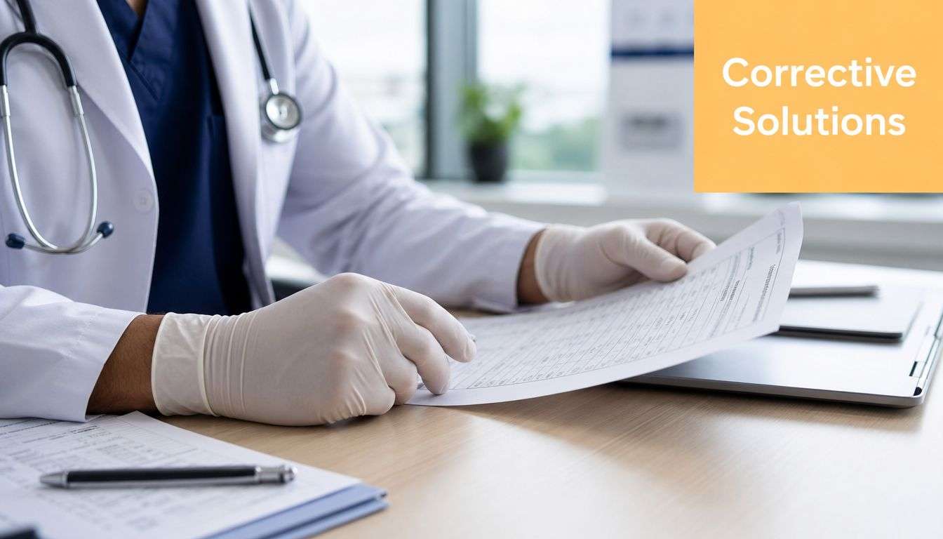 A medical professional wearing gloves and a lab coat examining a clinical document at their desk.