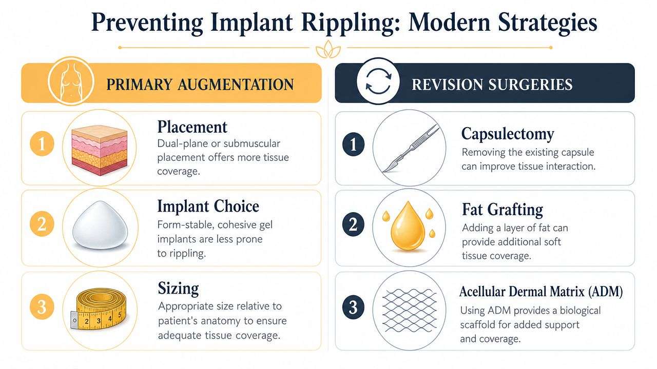 An infographic showing modern strategies to prevent breast implant rippling for primary and revision surgeries.