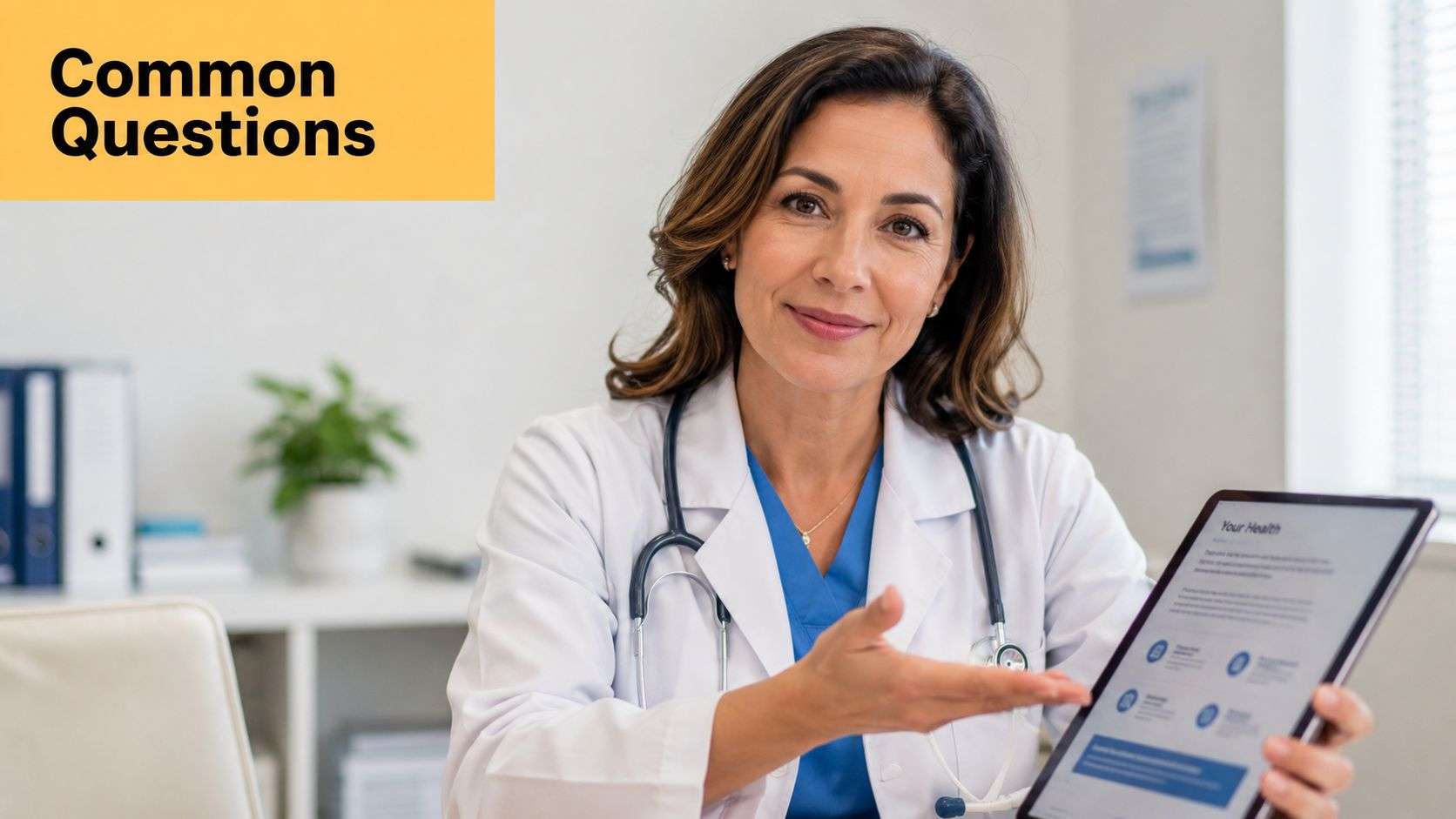 A professional female doctor gestures towards a tablet displaying health information in her bright office.
