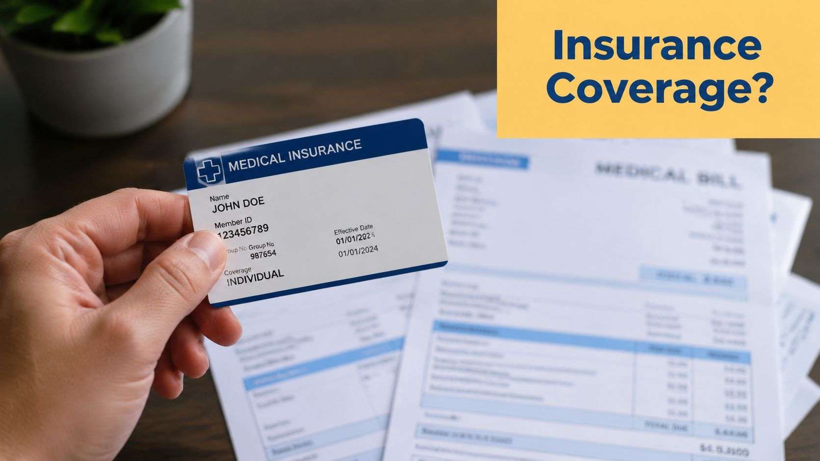A hand holding a medical insurance card over blurry medical bills on a dark wooden table.