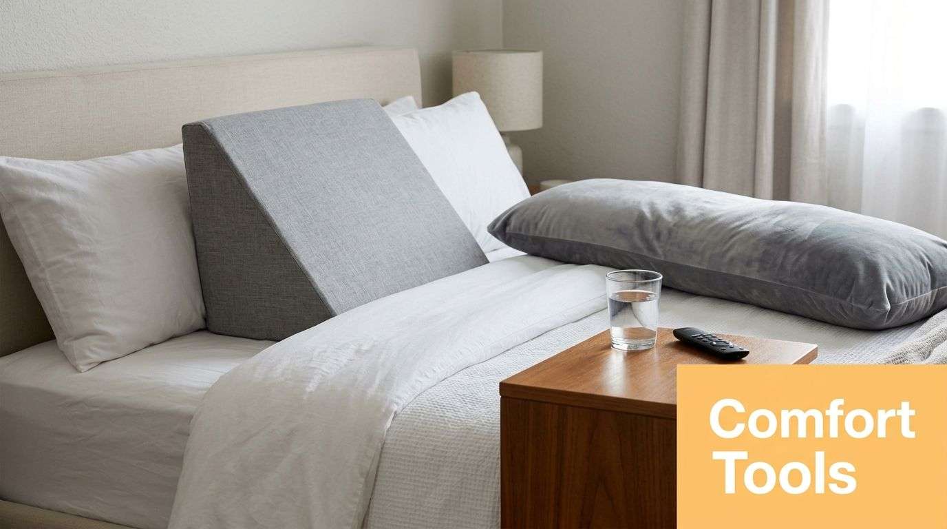 A cozy bedroom setup featuring a gray wedge pillow, a body pillow, water, and a remote on a bed.