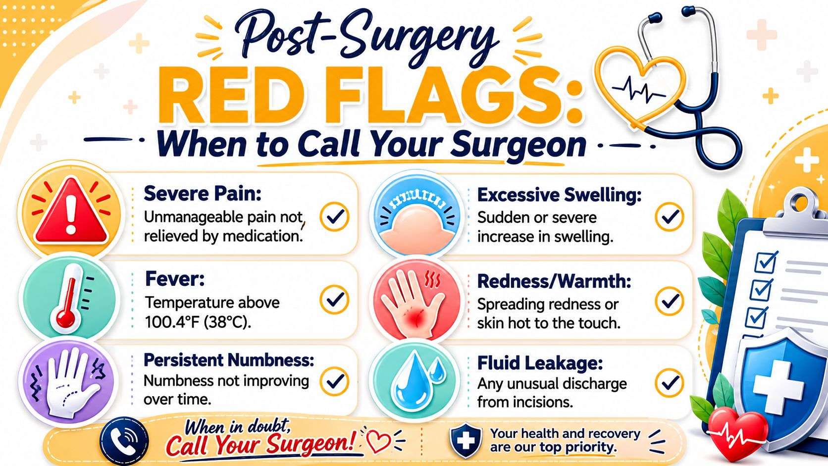 A poster outlining post-surgery red flags that require contacting a surgeon, including pain, fever, and swelling.