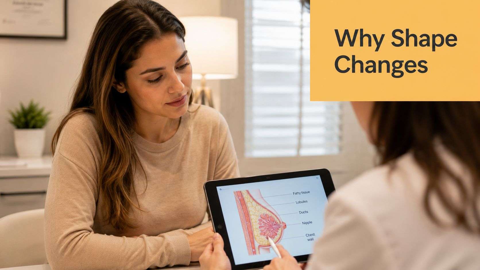 A woman discussing breast anatomy with a doctor while looking at a diagram on a tablet computer.