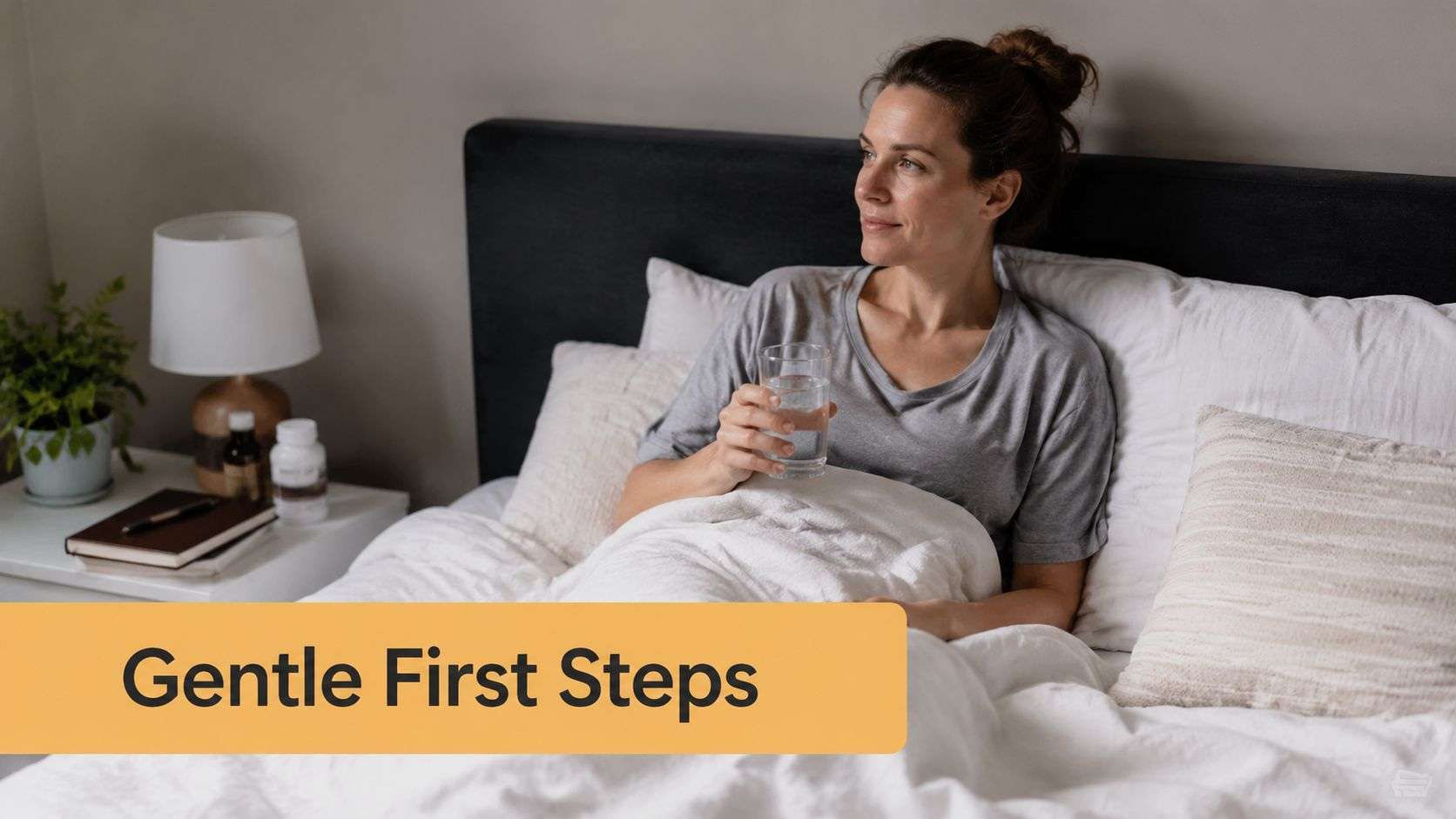 A woman resting in bed with a glass of water, recovering comfortably in a serene bedroom setting.