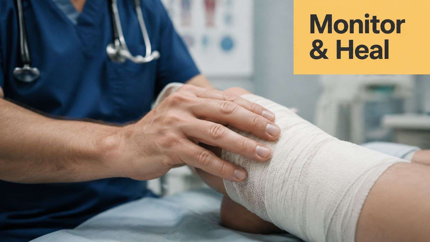 A medical professional in blue scrubs carefully examines a patient's bandaged leg in a clinical setting.
