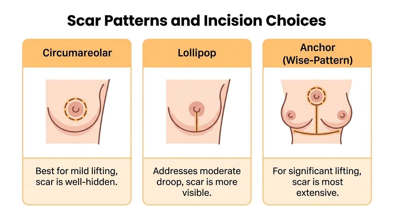 An infographic illustrating three different surgical incision patterns for breast lifting: circumareolar, lollipop, and anchor techniques.