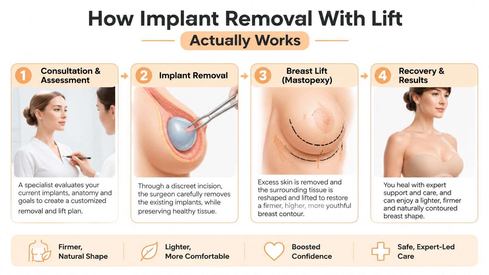 A four-step infographic illustrating the medical process of surgical breast implant removal combined with a lift procedure.
