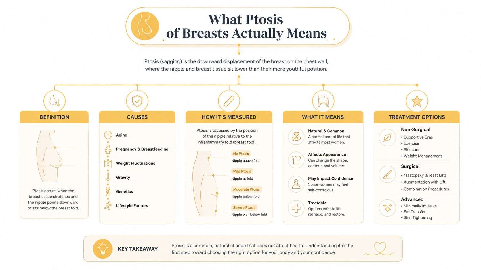 An infographic explaining breast ptosis, detailing its definition, causes, measurement, and various treatment options available.
