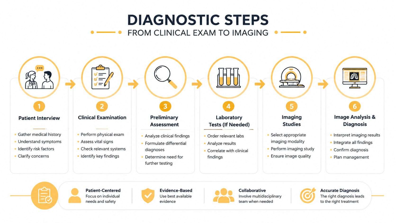 A diagnostic flowchart showing six steps from initial patient interview to final medical imaging and diagnosis.