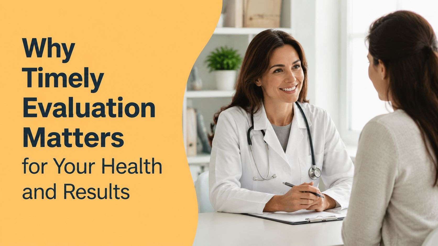 A female doctor in a white coat smiles while consulting with a patient in an office.