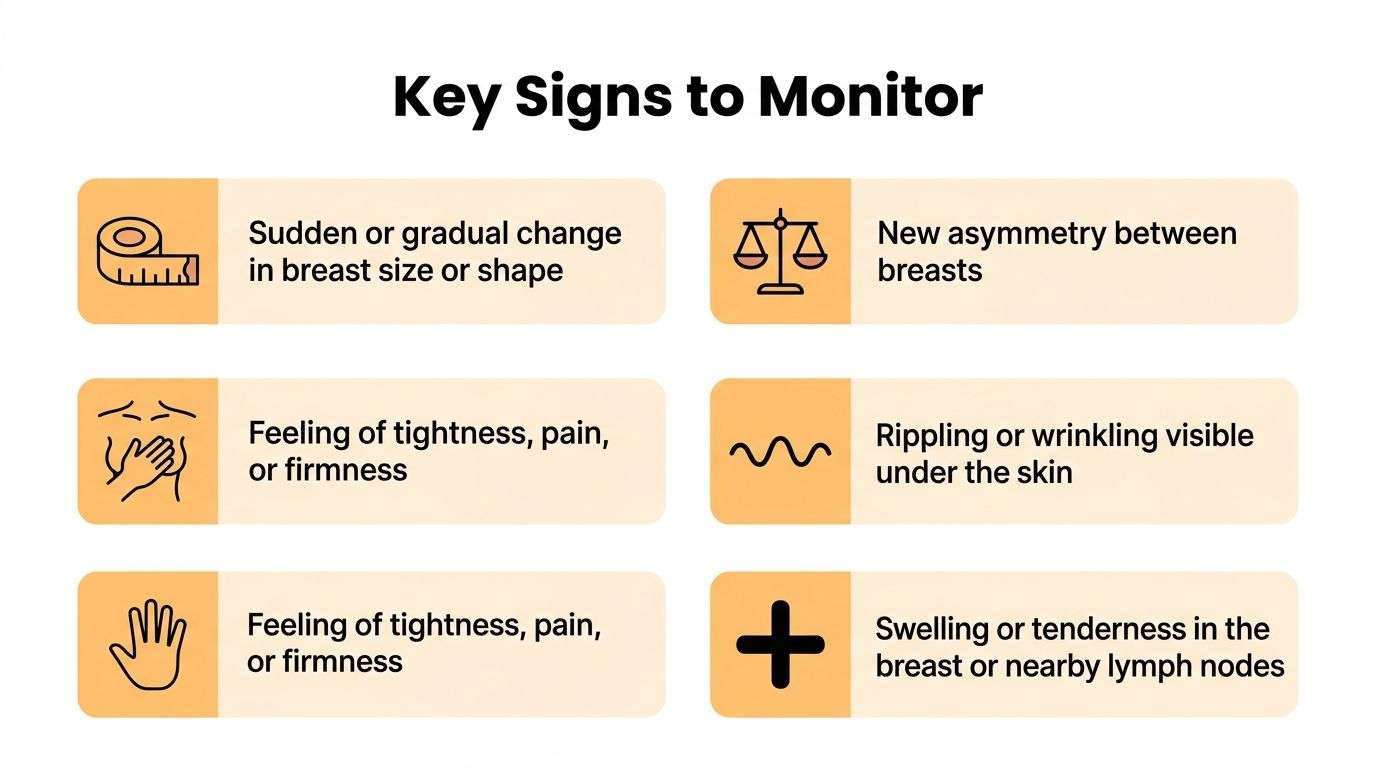 A list of key signs to monitor related to breast implant health, including changes in appearance or feeling.
